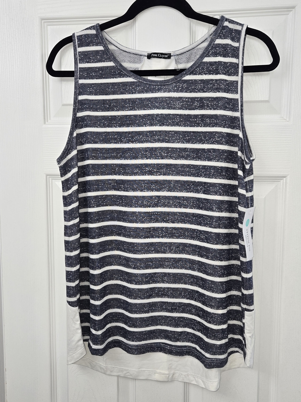 NWT Pink Clover Navy and White Striped Sleeveless Top Button Back Detail Large